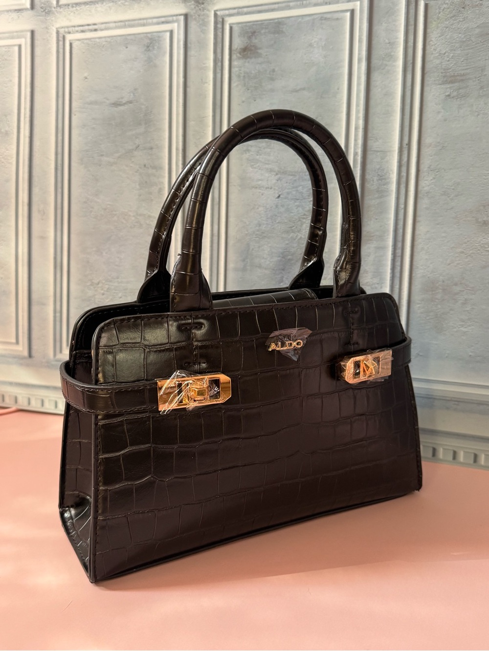 Aldo Croc-Embossed Top-Handle Bag in Dark Brown with Gold Hardware